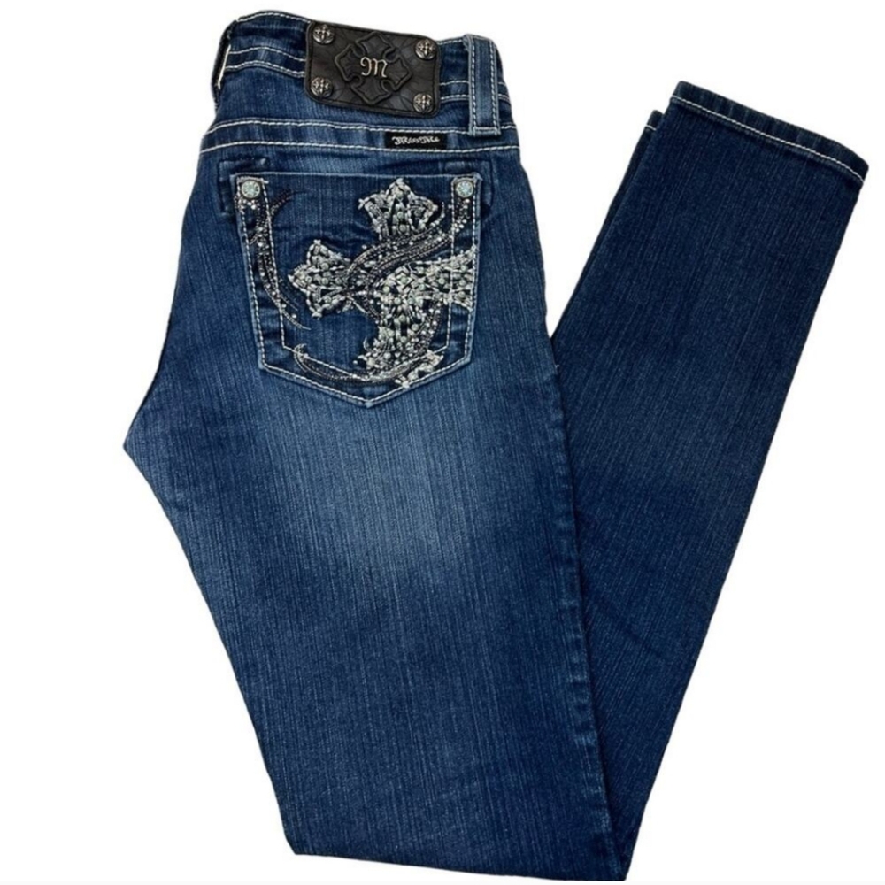 Women's Miss Me Blue Embellished Cross Skinny Jeans size 28